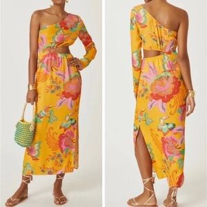FARM Rio, X Bird Anthropologie Vibrant Floral One-Shoulder Dress, Size L